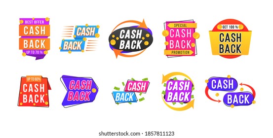 Modern banner design with a set of cashback tags. Money refund badges, cash back deal and return coins from purchases and payment labels for promotion, sale, discounts. Vector illustration, eps 10.