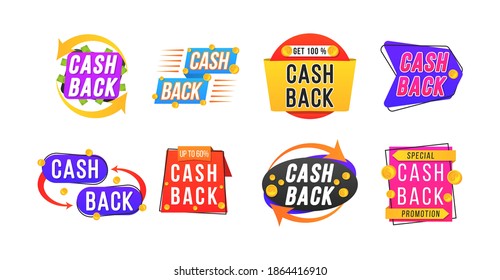 Modern banner design with a set of cashback tags. Money refund badges, cash back deal and return coins from purchases and payment labels for promotion, sale, discounts. Vector illustration, eps 10.