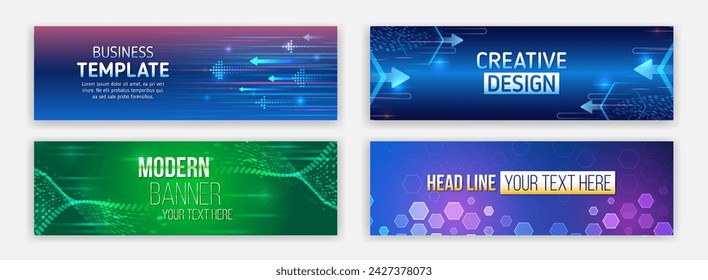 Modern banner design with technology element. Data protection, internet communication, science, big data, cover design set. Sci-fi vector sample concept. High-tech horizontal banner template.