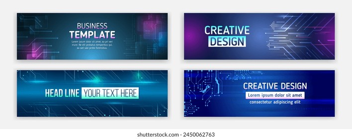 Modern banner design with technology element. Data protection, internet communication, science, big data, cover design set. Sci-fi vector sample concept. High-tech horizontal banner template.