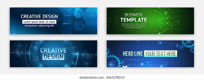 Diseño de Anuncio moderno con elemento tecnológico. Protección de datos, comunicación por Internet, ciencia, big data, conjunto de diseño de cubiertas. Concepto de muestra de Vector de ciencia ficción. Plantilla de Anuncio Horizontal de alta tecnología.