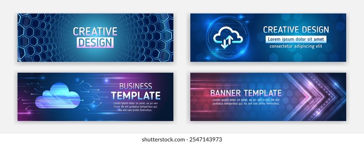 Design de banner moderno com elemento de tecnologia. Proteção de dados, comunicação via Internet, ciência, big data, hospedagem em nuvem. Conceito de amostra de vetor de ficção científica. Modelo de banner horizontal de alta tecnologia.