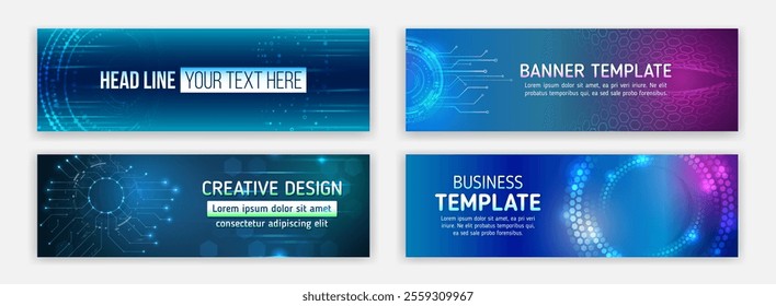 Modern banner design with technology element. Data protection, internet communication, science, big data, cloud hosting. Sci-fi vector sample concept. High-tech horizontal banner template.