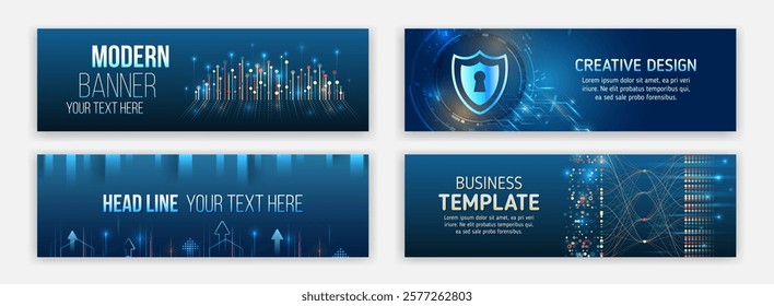 Modern banner design with technology element. Data protection, internet communication, science, big data, cover design set. Sci-fi vector sample concept. High-tech horizontal banner template.