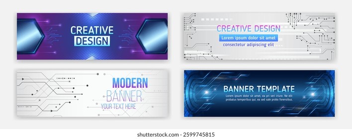 Modern banner design with technology element. Data protection, internet communication, science, big data, cover design set. Sci-fi vector sample concept. High-tech horizontal banner template.