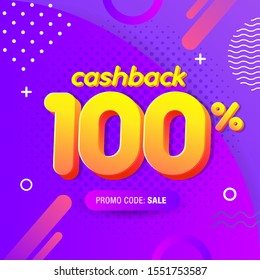 modern Banner design template with 100% cashback offer. Vector illustration for promotion discount sale advertising