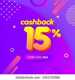 modern Banner design template with 15% cashback offer. Vector illustration for promotion discount sale advertising