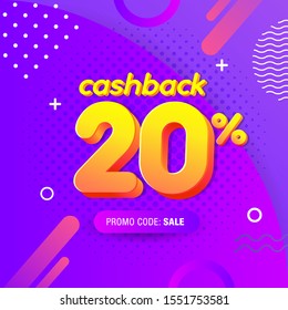 modern Banner design template with 20% cashback offer. Vector illustration for promotion discount sale advertising