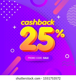 modern Banner design template with 25% cashback offer. Vector illustration for promotion discount sale advertising