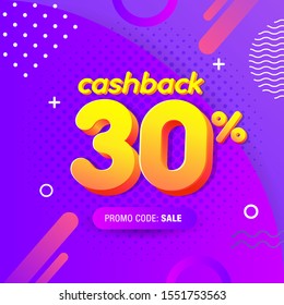 modern Banner design template with 30% cashback offer. Vector illustration for promotion discount sale advertising