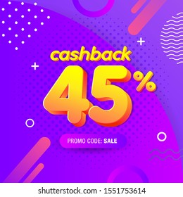 modern Banner design template with 45% cashback offer. Vector illustration for promotion discount sale advertising