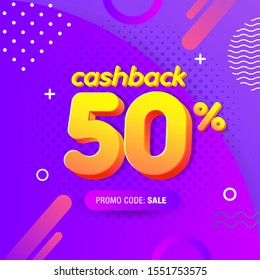 modern Banner design template with 50% cashback offer. Vector illustration for promotion discount sale advertising