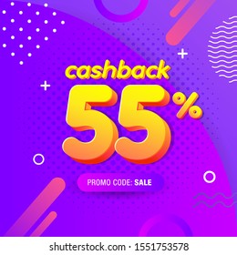 modern Banner design template with 55% cashback offer. Vector illustration for promotion discount sale advertising