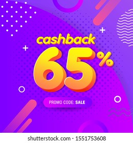 modern Banner design template with 65% cashback offer. Vector illustration for promotion discount sale advertising