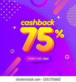modern Banner design template with 75% cashback offer. Vector illustration for promotion discount sale advertising