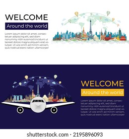 Modern banner design. Travel to world with blue and white background