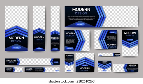 Plantilla web moderna de diseño de banners Set, Banner web de encabezado horizontal. Fondo del encabezado de la cubierta negra y azul para el diseño del sitio web, banner de anuncios de cubierta de medios sociales, volante, tarjeta de invitación