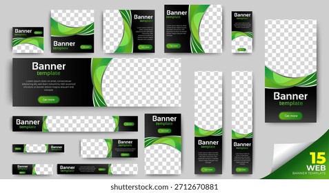 Conjunto de Plantilla de Web de diseño de Anuncio moderno. Conjunto Horizontal, Vertical, cuadrado de diseño de fondo de negocios. Negro y verde. Vector