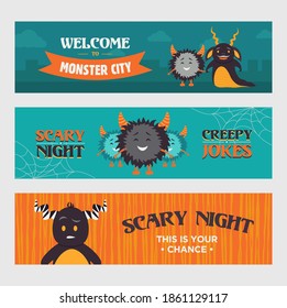 Modern banner designs with furry monsters. Welcome to monster city banners for party. Halloween and holiday concept. Template for promotional leaflet or brochure