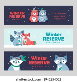 Modern banner designs with lovely cute animals. Brochures for Native American hotel. Forest wildlife and woodland concept. Template for poster, promotion or web design
