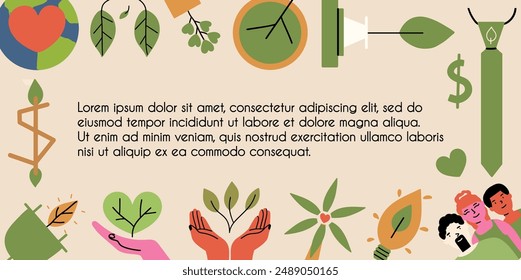 Modern banner with ESG concept. Postcard about environmental, social governance and  sustainability. Vector illustration