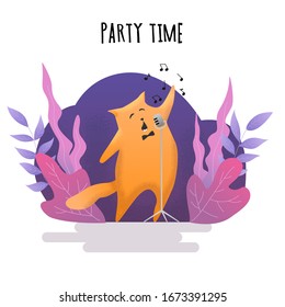 Modern banner flat design with noise and texture. Invitation to jazz music festival. Cover for poster and postcard. Сat plays contrabass among plants. Vector illustration