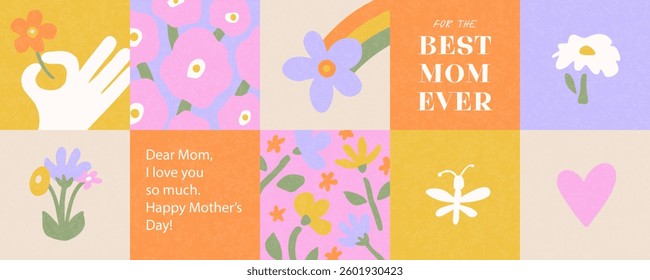 Modern banner with flowers, rainbow, butterfly and heart. Trendy bento grid design for Mother's Day. Spring or summer vector illustration for brochure, cover, poster, web banner and more.