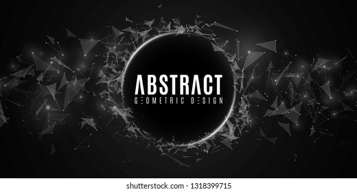 Modern banner of flying triangles and dots on a dark background. Geometric design. White glowing connected triangular elements. Scientific background for your design. Vector illustration. EPS 10