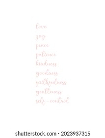 Modern banner with The fruit of the Holy Spirit. But the fruit of the Spirit is love, joy, peace, patience, kindness, goodness, faithfulness, gentleness, self-control: Galatians 5:22-23, bible verse