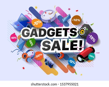 Modern banner of gadgets sale products. Vector illustration of a business poster with different 3d isometric items of gadgets goods. Laptop. Smartphone. Camera. Wrist watch. Headphones. Music column