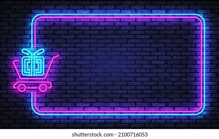 Modern banner with green shop neon on blue background for promo design. Vector modern banner. Online store. Vector design. Discount banner design