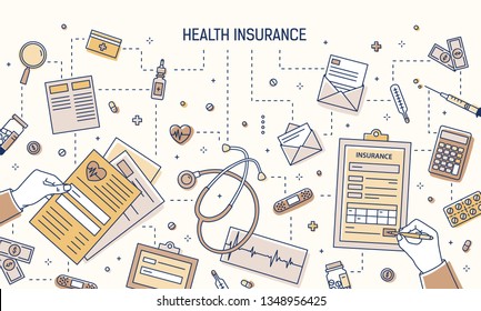 Modern banner with hands filling out health insurance form and calculating healthcare expenses surrounded by pills, medical tools, documents, money bills, coins. Vector illustration in line art style.