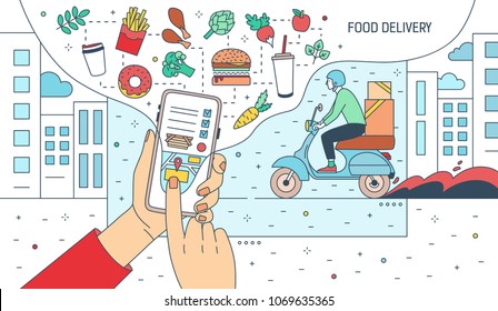 Modern banner with hands holding smartphone with food delivery service application or website on screen, meals, products and courier boy riding scooter. Colorful vector illustration in line art style.