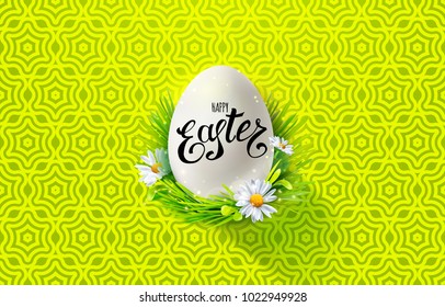 Modern banner with handwritten inscription Happy Easter and realistic white egg, grass and flowers. Vector geometric background. Green color. Folk painting. Lettering greetings