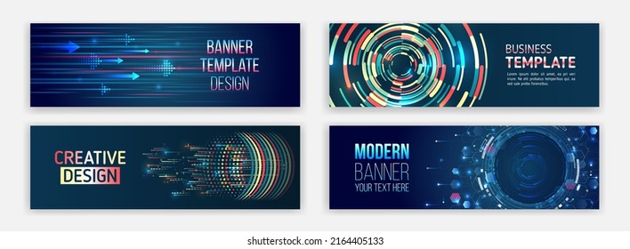 Modern banner in hi-tech style. Set of web banner templates, information protection, big data. Scientific and technical concept.