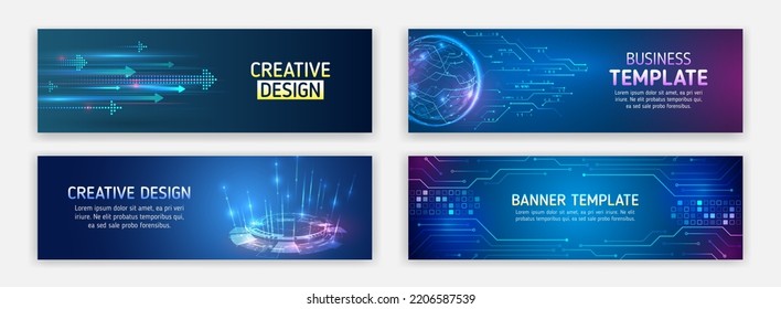 Modern banner in hi-tech style. Set of web banner templates, information protection, big data. Scientific and technical concept.