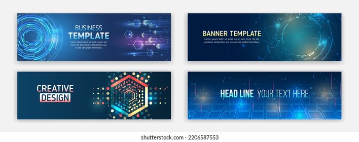 Modern banner in hi-tech style. Set of web banner templates, information protection, big data. Scientific and technical concept.