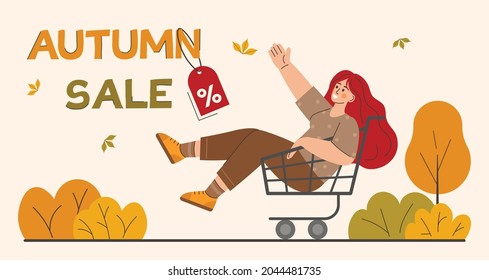 Modern banner or illustration with a modern girl in a trolley. Autumn sale or promotions.