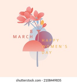 Modern banner for the International Women's Day. Flyer for March 8 with the decor of flowers and abstract shape. Invitations in the minimalism style with spring plants, leaves, geometric form. Vector.