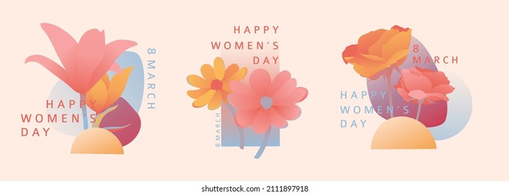 Modern banner for the International Women's Day. Flyer for March 8 with the decor of flowers and abstract shape. Invitations in the minimalism style with spring plants, leaves, geometric form. Vector.