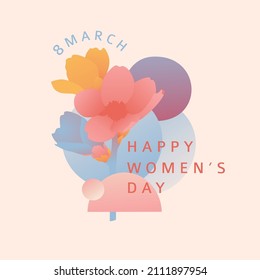 Modern banner for the International Women's Day. Flyer for March 8 with the decor of flowers and abstract shape. Invitations in the minimalism style with spring plants, leaves, geometric form. Vector.