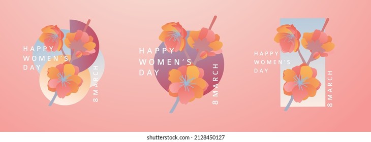 Modern banner for the International Women's Day. Flyer for March 8 with the decor of flowers and abstract shape. Invitations in the minimalism style with spring plants, leaves, geometric form. Vector.