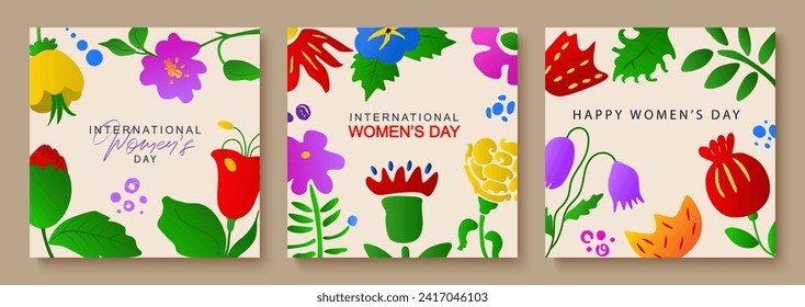 A modern banner for International Women's Day. A flyer for March 8 with a decor of flowers. Minimalist invitations with spring plants, leaves, flowers. Vector.