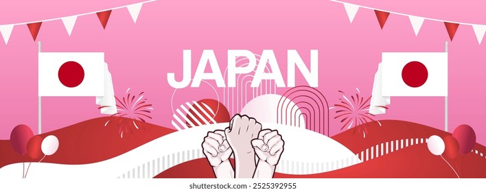 Modern banner of Japan National Foundation Day with flag. Abstract art background for national holiday greeting cards, sports and music event posters. Can also be used for Japan Constitution Day