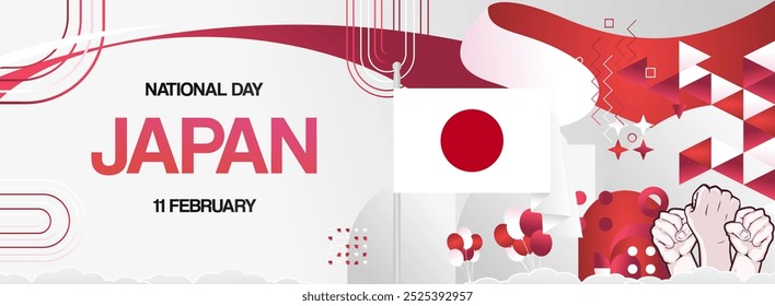 Modern banner of Japan National Foundation Day with flag. Abstract art background for national holiday greeting cards, sports and music event posters. Can also be used for Japan Constitution Day