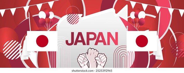 Modern banner of Japan National Foundation Day with flag. Abstract art background for national holiday greeting cards, sports and music event posters. Can also be used for Japan Constitution Day