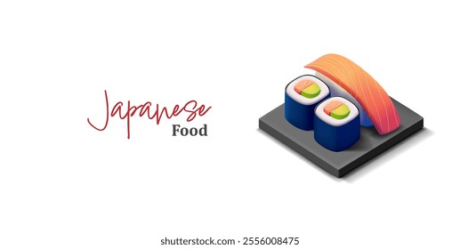 Modern banner for Japanese food concepts. 3D set of sushi rolls on a white background. For advertising concepts, discounts on sushi sets. For restaurants, cafes, fast food. Vector illustration.