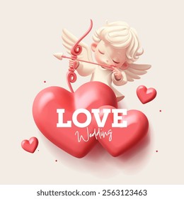 Modern banner for love, wedding, love concepts. 3D cute cupid character with a crossbow and red hearts. Greetings, gifts, decor. Vector illustration.