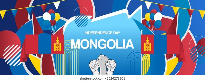 Modern banner for Mongolia national day with flag. Abstract background for holiday celebration, independence day greeting card, poster sport and music event. Horizontal templates