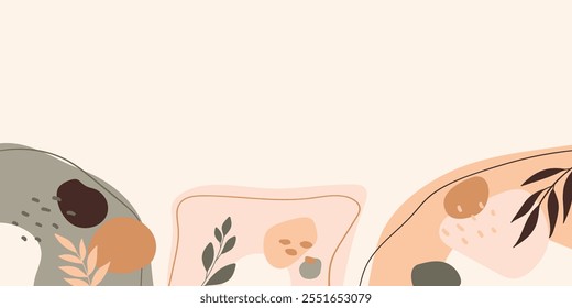 Modern banner with organic shapes and leaves art at bottom edge. Nature trendy minimal background for prints, banner, presentation, poster, wall art